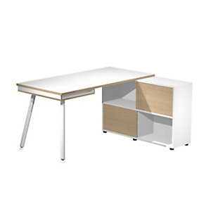 Pack Halden : 1 bureau droit Blanc pieds métal Blanc + 1 meuble de rangement 4 cases Blanc/Chêne L. 140 x P. 160 x H. 81,5 cm