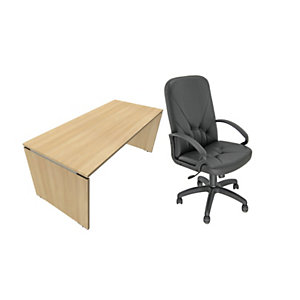 Pack Moka Direction : 1 bureau droit Chêne clair, pieds panneaux L.180 x P. 80 x H. 73.5 cm + fauteuil Nino simili cuir Noir