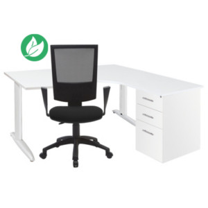 Pack Poste de travail complet Actual : Bureau compact retour à droite L.160 x P.120 cm Blanc + Caisson hauteur bureau blanc + Siège Noir Pack Poste de travail complet Actual : Bureau compact retour à droite L.160 x P.120 cm Blanc + Caisson hauteur bureau blanc + Siège Noir