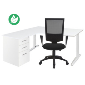 Pack Poste de travail complet Actual : Bureau compact retour à gauche L.160 x P.120 cm Blanc + Caisson hauteur bureau blanc + Siège Noir Pack Poste de travail complet Actual : Bureau compact retour à gauche L.160 x P.120 cm Blanc + Caisson hauteur bureau blanc + Siège Noir