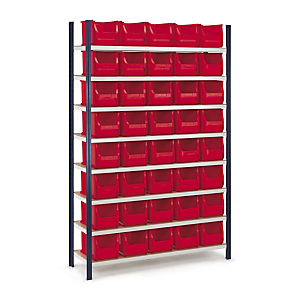 Pack de rayonnage en acier époxy avec bacs à bec plastique 10 l Pack de rayonnage en acier époxy avec bacs à bec plastique 10 l