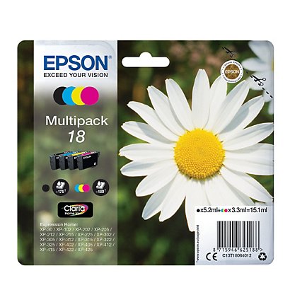 Pack van 4 cartridges Epson 18 zwart en kleuren voor inkjet printers