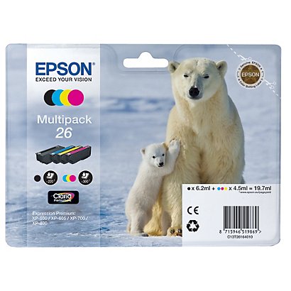 Pack van 4 inktcartridges Epson 26 zwart en kleuren voor inkjet printers