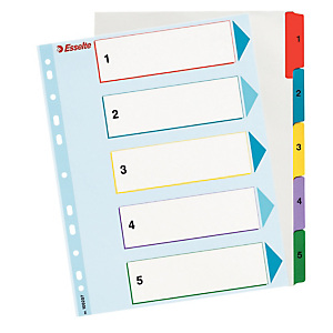 Pakje van 2 herschrijfbare tabbladen 5 veelkleurige numerieke tabs Esselte in karton A4 formaat Pakje van 2 herschrijfbare tabbladen 5 veelkleurige numerieke tabs Esselte in karton A4 formaat