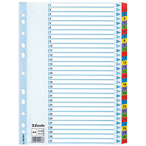 Pakje van 2 tabbladen 31 veelkleurige numerieke tabs Esselte in karton A4 formaat