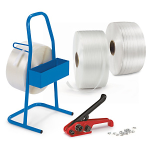 Pakketilbud - Startpakke med fiberbånd, avrullevogn og metallspenner Pakketilbud - Startpakke med fiberbånd, avrullevogn og metallspenner