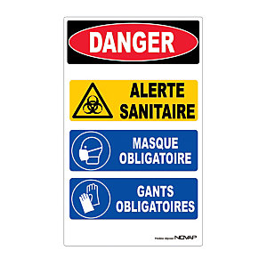 Panneau signalisation polystyrène rigide Danger Alerte sanitaire multi messages (Danger - Alerte - Masque - Gants) - 330 x 200 mm
