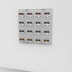 Pannello Griglia con espositore per scarpe e pianetto in plexiglass, 100 x 12 x 100 cm, Metallo cromato