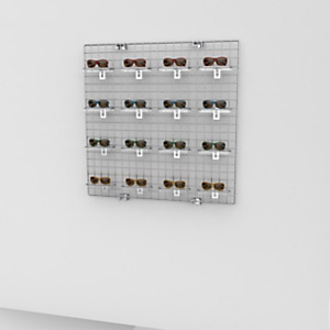 Pannello Griglia con espositore per scarpe e pianetto in plexiglass, 100 x 12 x 100 cm, Metallo cromato Pannello Griglia con espositore per scarpe e pianetto in plexiglass, 100 x 12 x 100 cm, Metallo cromato