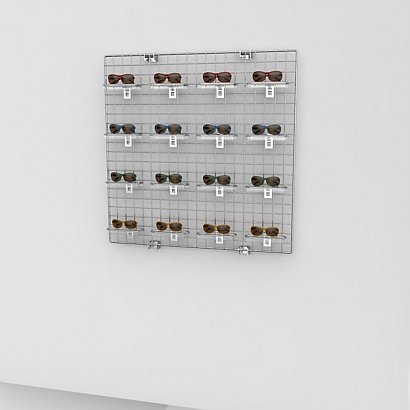 Pannello Griglia con espositore per scarpe e pianetto in plexiglass, 100 x 12 x 100 cm, Metallo cromato
