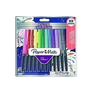 Paper Mate Flair Metálicos Pastel Rotulador de punta de fibra, punta mediana de 0,7 mm, cuerpo de plástico con grip, pack de 12, colores surtidos