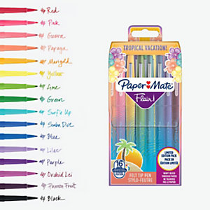 Paper Mate Flair Tropical - Stylo feutre à capuchon pointe moyenne 1 mm - Pochette 16 couleurs assorties