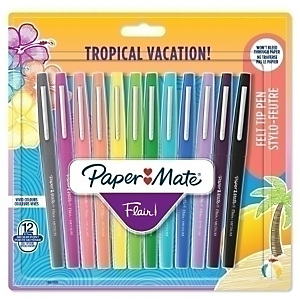 Paper Mate Flair Tropical Vacation Rotulador de punta de fibra, punta mediana de 0,7 mm, cuerpo de plástico con grip, pack de 12, colores surtidos