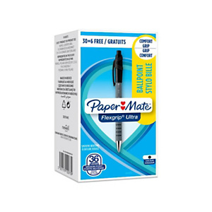 Paper Mate FlexGrip Ultra Pack Ahorro 30 + 6 GRATIS Bolígrafo retráctil de punta de bola, punta mediana de 1 mm, cuerpo azul con grip, tinta negra