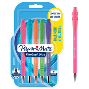 Paper Mate Flexgrip Ultra RT Stylo bille rétractable pointe moyenne 1 mm encre bleue corps assortis pastel - lot de 5 Paper Mate Flexgrip Ultra RT Stylo bille rétractable pointe moyenne 1 mm encre bleue corps assortis pastel - lot de 5
