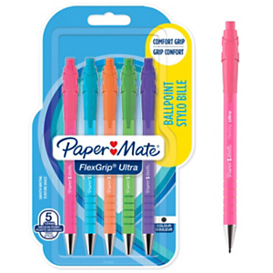 Paper Mate Flexgrip Ultra RT Stylo bille rétractable pointe moyenne 1 mm encre noire corps assortis Pastel - lot de 5