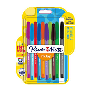 Paper Mate InkJoy™ 100, Pack Ahorro 8 + 2 GRATIS, Bolígrafo de punta de bola, punta mediana de 1 mm, cuerpo translúcido en colores surtidos, colores de tinta surtidos