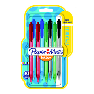 Paper Mate InkJoy 100 RT Stylo bille rétractable pointe moyenne 1 mm noir - Pochette 8 couleurs Paper Mate InkJoy 100 RT Stylo bille rétractable pointe moyenne 1 mm noir - Pochette 8 couleurs