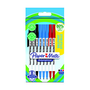 Paper Mate Kilométrico Recycled Bolígrafo de punta de bola, punta mediana, 1 mm, 80% con plásticos reciclados, pack de 8, azul, negro y rojo, colores surtidos