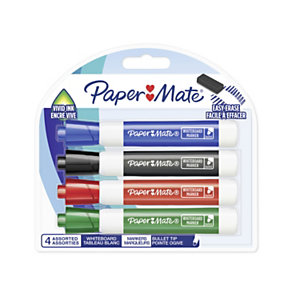 Paper Mate Marcatore cancellabile per lavagne bianche, Punta fine, Colori assortiti (confezione 4 pezzi)