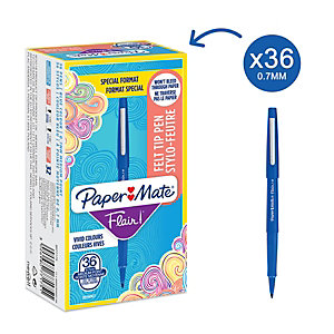 Paper Mate Offerta Risparmio Flair® Original Penna con punta in fibra, Punta media, Fusto blu, Inchiostro blu (confezione 30+6 pezzi)