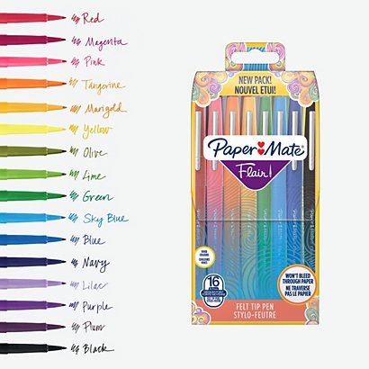 PAPER MATE Penna con punta in feltro Nylon Flair, Punta media 0,7 mm, Colori Assortiti Fun (confezione 16 pezzi) - 1