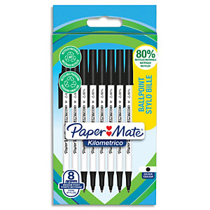 PAPERMATE Sachet de 8 stylos à bille KILOMETRICO™ à capuchon, recyclé à 80%. Pointe moyenne 1.0 mm - noir