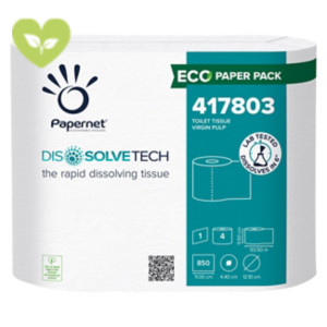 PAPERNET Carta igienica in rotolo Dissolve Tech, Pura Cellulosa, 1 velo, 850 strappi, Bianco (confezione 4 rotoli) PAPERNET Carta igienica in rotolo Dissolve Tech, Pura Cellulosa, 1 velo, 850 strappi, Bianco (confezione 4 rotoli)