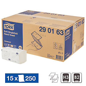 Papieren handdoekjes Tork Soft Singlefold H3, 15 pakjes van 250