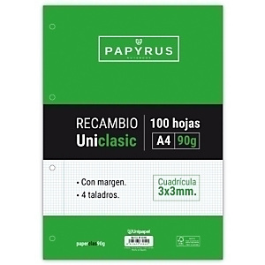 PAPYRUS Uniclasic Recambio, A4, 100 hojas, 90 g, Multitaladro, Cuadriculado 3 x 3 mm, Con margen PAPYRUS Uniclasic Recambio, A4, 100 hojas, 90 g, Multitaladro, Cuadriculado 3 x 3 mm, Con margen