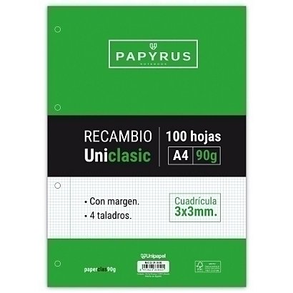 PAPYRUS Uniclasic Recambio, A4, 100 hojas, 90 g, Multitaladro, Cuadriculado 3 x 3 mm, Con margen