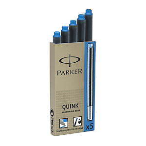 Parker Quink, Cartuchos largos de recambio para pluma, azul lavable, paquete de 5 Parker Quink, Cartuchos largos de recambio para pluma, azul lavable, paquete de 5