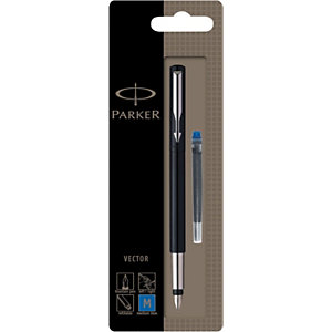 Parker Vector Pluma estilográfica, punta mediana, cuerpo negro, tinta azul