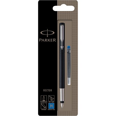 Parker Vector Pluma estilográfica, punta mediana, cuerpo negro, tinta azul - 1