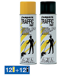 Peinture aérosol Traffic Ampere 500 ml pour traçage, lot de 12 jaunes + 12 noirs