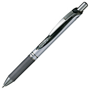 Pentel EnerGel XM, bolígrafo retráctil de gel, punta mediana, cuerpo negro y plateado con grip, tinta negra