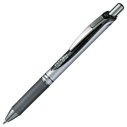 Pentel EnerGel XM, bolígrafo retráctil de gel, punta mediana, cuerpo negro y plateado con grip, tinta negra