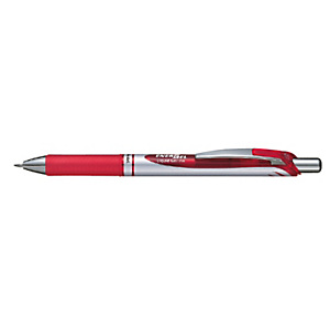 Pentel EnerGel XM, bolígrafo retráctil de gel, punta mediana, cuerpo plateado con grip, tinta roja