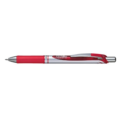 Pentel EnerGel XM, bolígrafo retráctil de gel, punta mediana, cuerpo plateado con grip, tinta roja