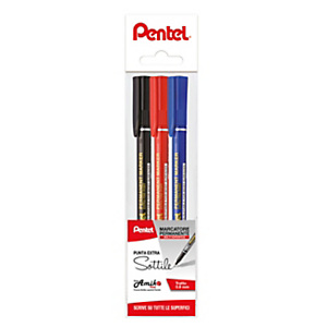 PENTEL Marcatore permanente, Punta extra fine, Tratto 0,6 mm, Colori Assortiti (confezione 3 pezzi)