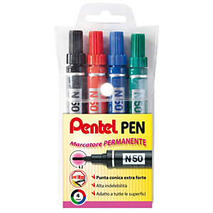 Pentel N50 Marcatore permanente, Punta conica, 1,5 mm, Colori assortiti: nero, rosso, blu, verde (confezione 4 pezzi)