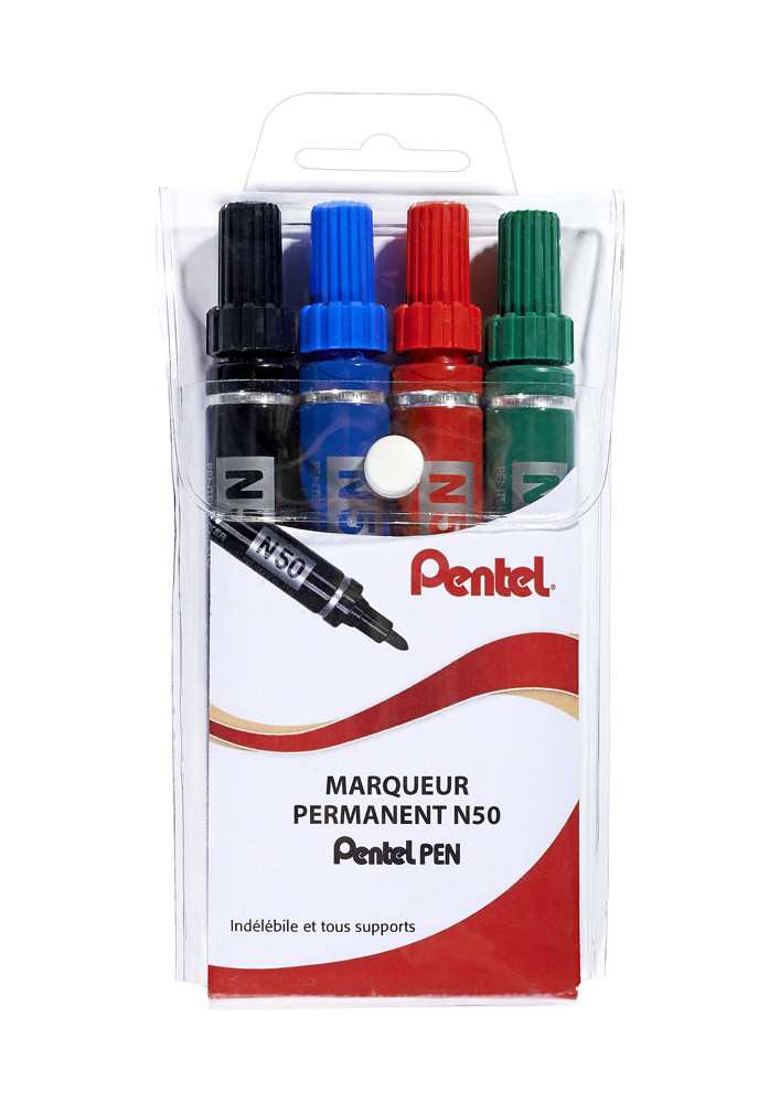 Pentel N50 - Marqueur permanent pointe ogive trait 1,5 mm - 4 couleurs assorties