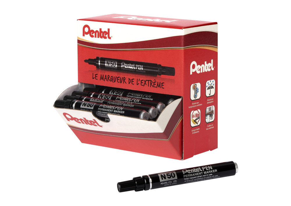 Pentel N50 - Marqueur permanent pointe ogive trait 1,5 mm - Noir - Boîte de 36