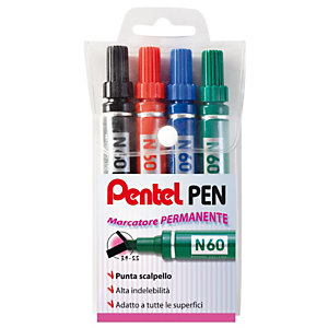 Pentel N60 Marcatore permanente, Punta a scalpello, 2,5 mm - 7 mm, Colori assortiti: nero, rosso, blu, verde (confezione 4 pezzi)