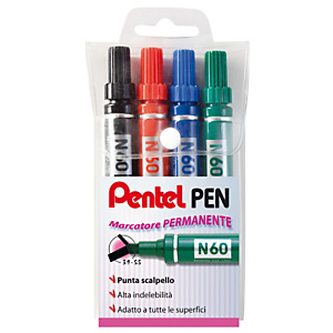 Pentel N60 Marcatore permanente, Punta a scalpello, 2,5 mm - 7 mm, Colori assortiti: nero, rosso, blu, verde (confezione 4 pezzi) Pentel N60 Marcatore permanente, Punta a scalpello, 2,5 mm - 7 mm, Colori assortiti: nero, rosso, blu, verde (confezione 4 pezzi)