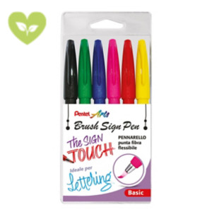 PENTEL Pennarello Brush Sign Pen, Punta a pennello, Colori Assortiti Basic (confezione 6 pezzi)