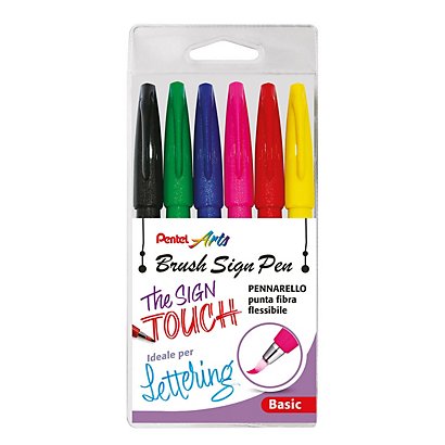 PENTEL Pennarello Brush Sign Pen, Punta a pennello, Colori Assortiti Basic (confezione 6 pezzi)