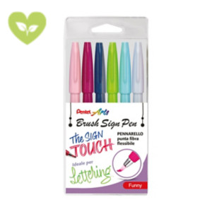 PENTEL Pennarello Brush Sign Pen, Punta a pennello, Colori Assortiti Funny (confezione 6 pezzi)
