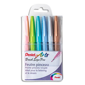 PENTEL Pochette Pastel de 6 Feutres pinceau Brush Sign Pen. Pointe souple résistante, Encre aquarellable PENTEL Pochette Pastel de 6 Feutres pinceau Brush Sign Pen. Pointe souple résistante, Encre aquarellable