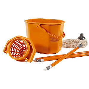 PERFETTO Kit per pavimenti Secchiostrizza - secchio con strizzatore 12 L + mop 240 gr + manico da 130 cm - arancione